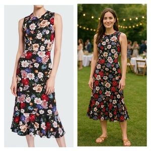 ERDEM Floria Black Silk Floral Midi Dress Sleeveless Wedding US 4 Multicolor NWY
